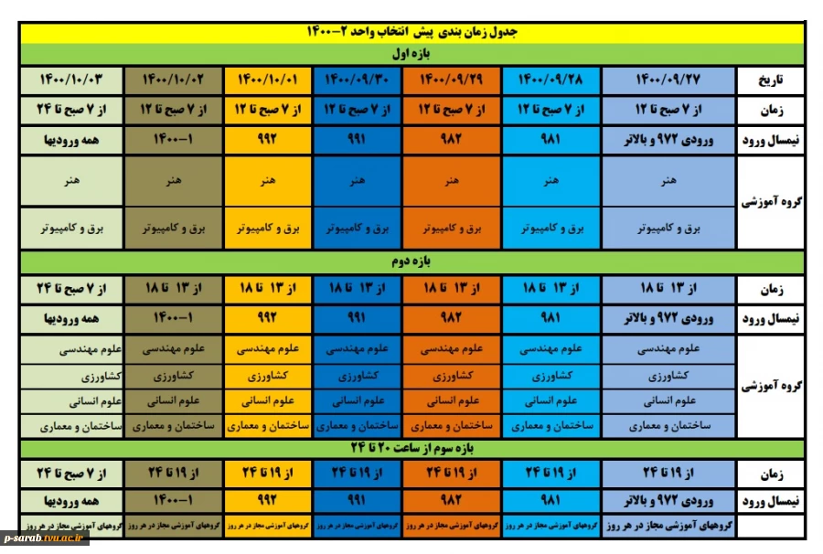 جدول زمان بندی پیش انتخاب واحد نمیسال دوم 1400 2